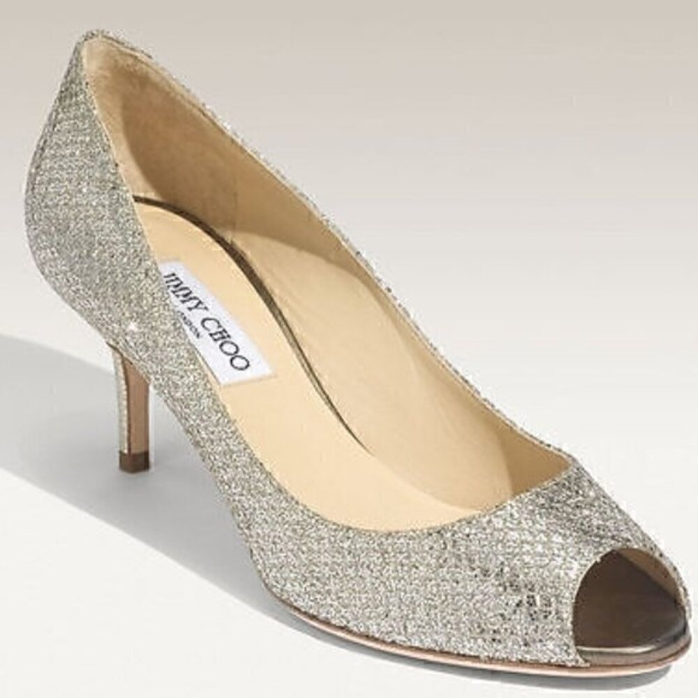 Jimmy Choo Silver Glitter Peep-Toe Mid Kitten Heel Pumps